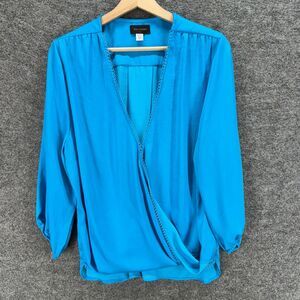 Ava & Aiden Blouse Women L Large Blue V-Neck Long Sleeve Pullover Casual Solid